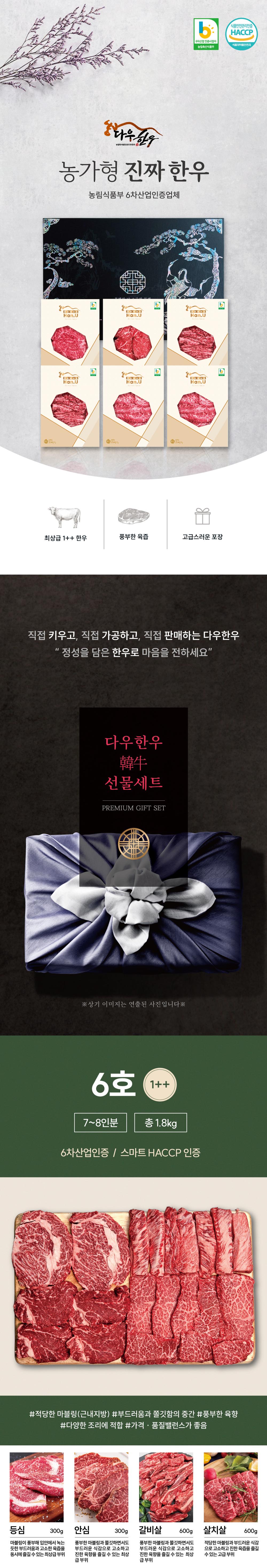 다우한우 소망6호 (1++등급1,800g /등심300g, 안심300g, 갈비살300g x 2, 살치살300g x 2)