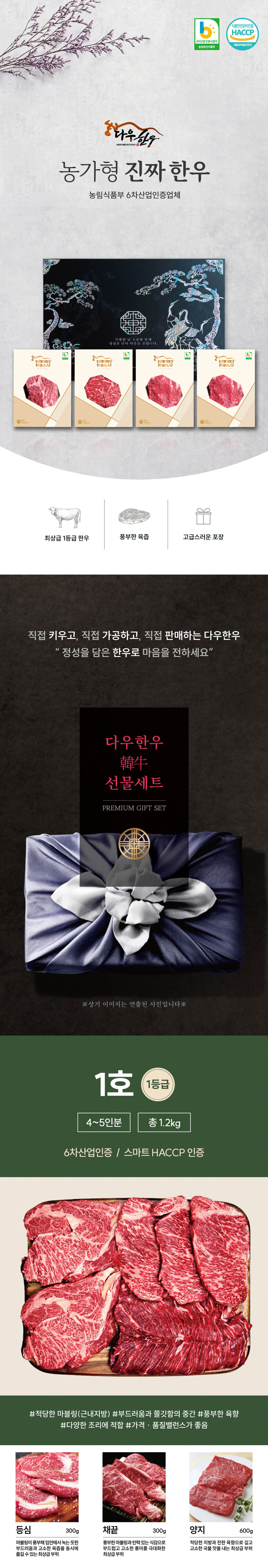 다우한우 소망1호 (1등급 1,200g /등심300g, 채끝300g, 양지300g x 2)